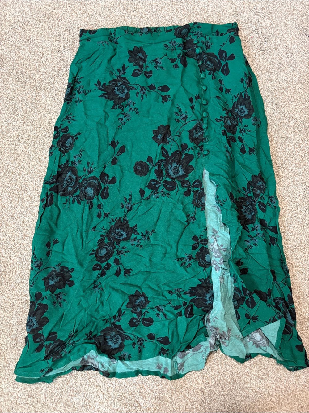 Emerald Green Floral Maxi Skirt with Side Buttons